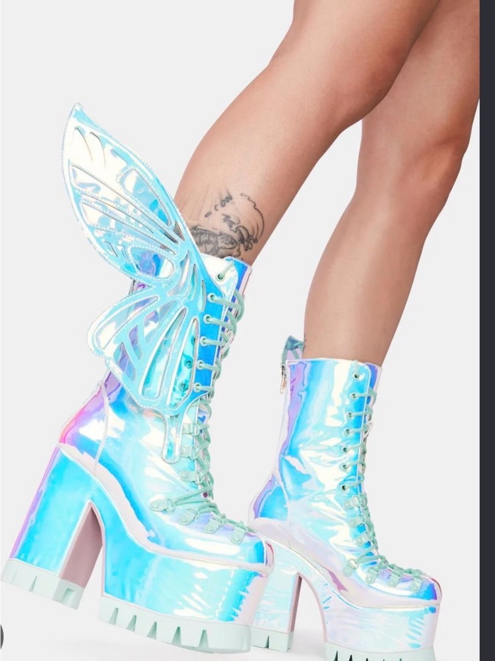 Sugar Thrillz Iridescent Holographic Blue Butterfly Platform Boots